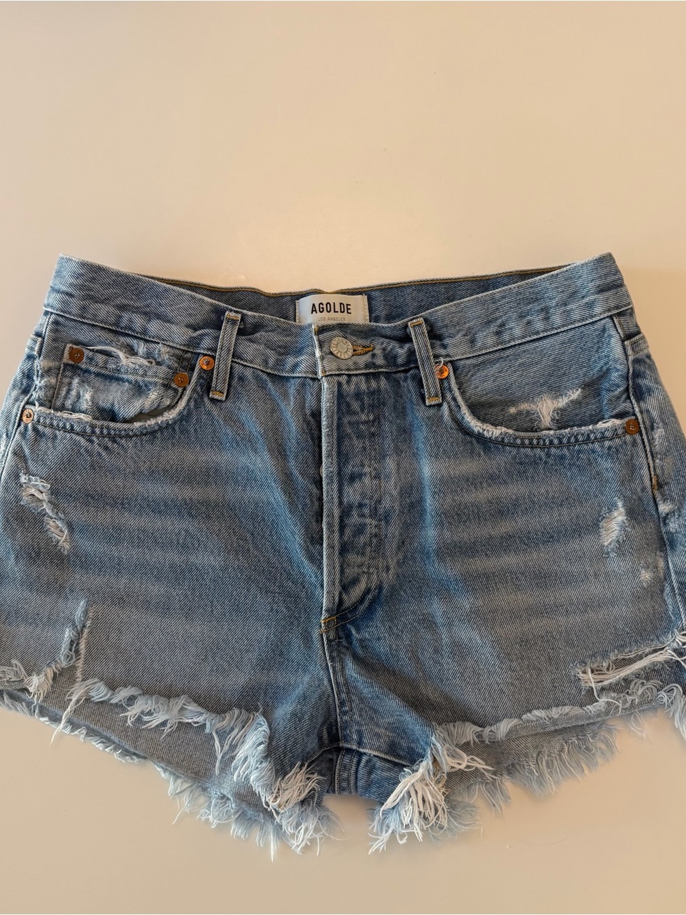Agolde Light Blue Distressed Denim Cutoff Shorts